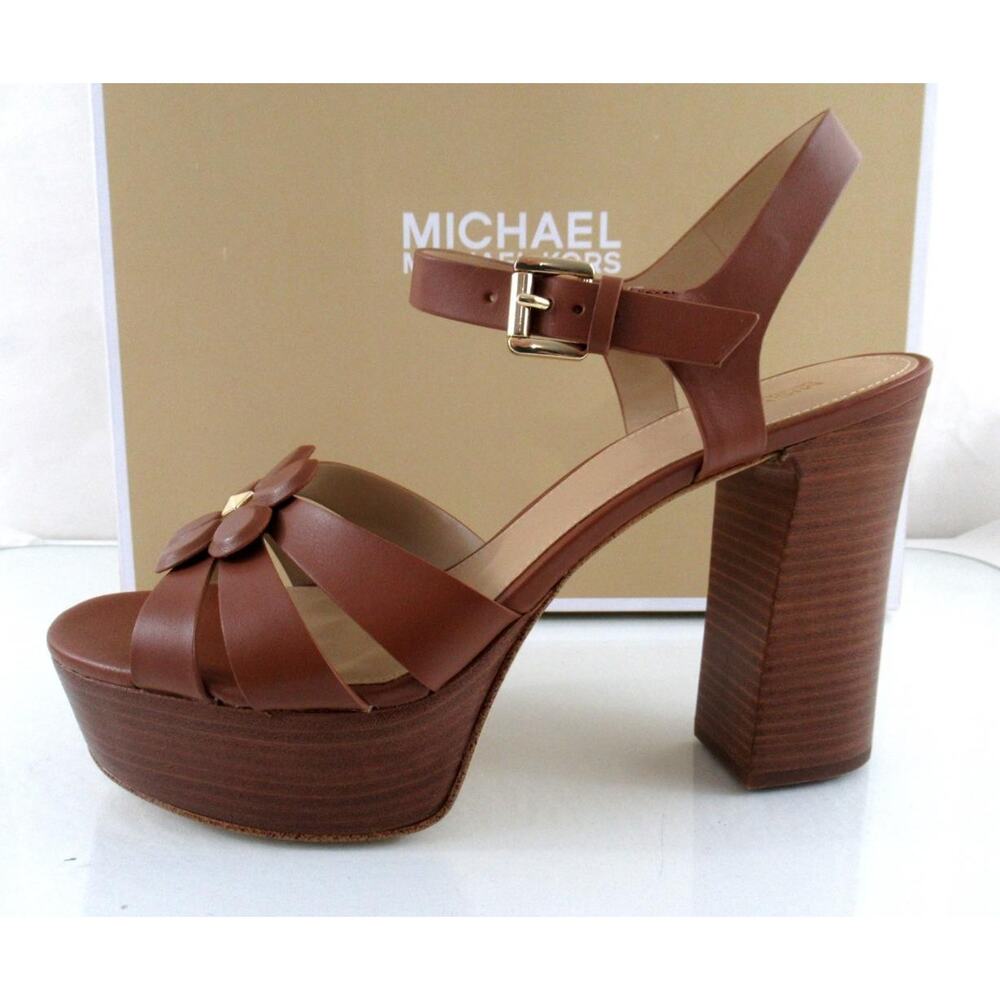 Michael Kors Size 9 Nellie Platform High Heels Sandals Leather Luggage Tan - Picture 3 of 9